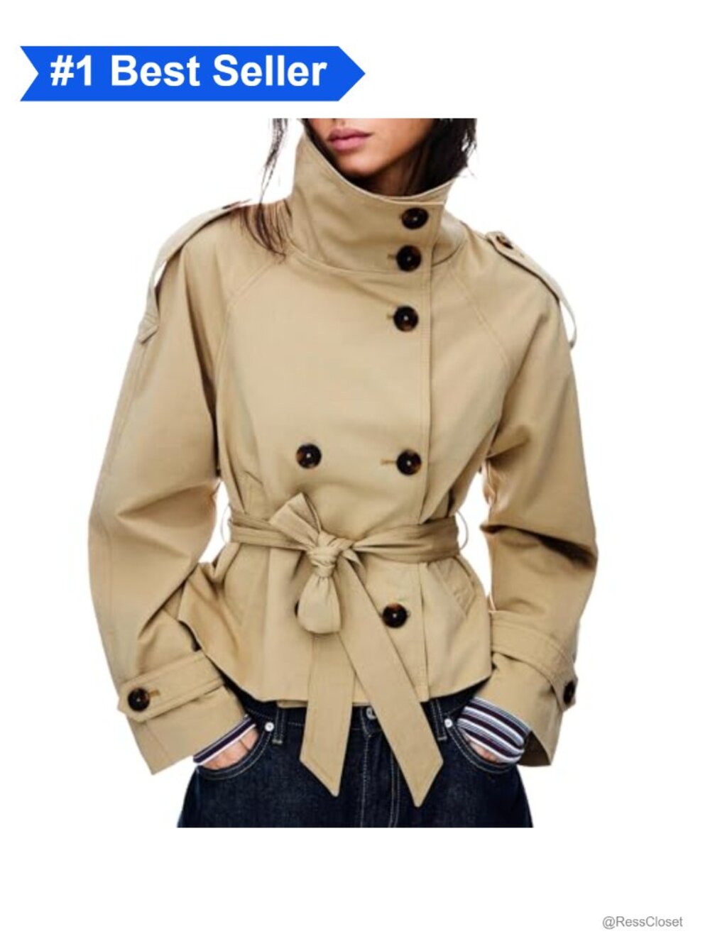 Cropped Trench Coat Double Breasted Belted Lightweight Fall Jacket